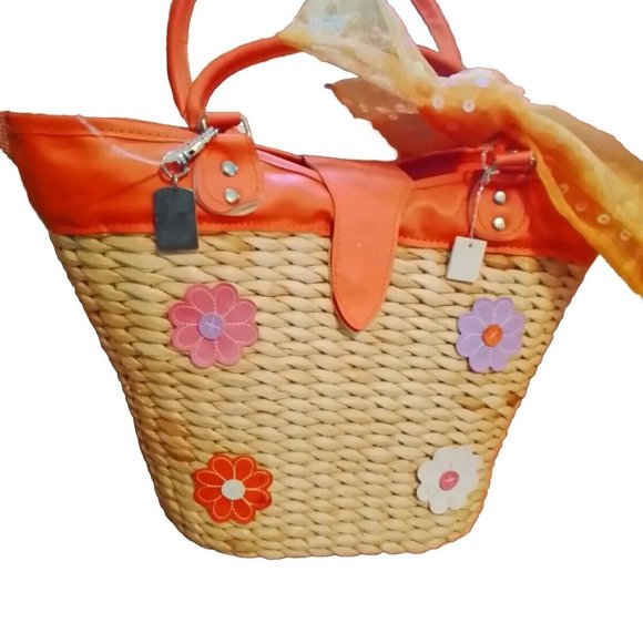 Basket Weaved Totebag 1960 S Orange Daisy Vintage Pz1 - Picture 1 of 8